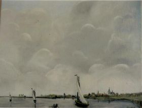 Bergen op Zoom vanaf de Schelde, naar een anonieme tekening, olieverf.jpg